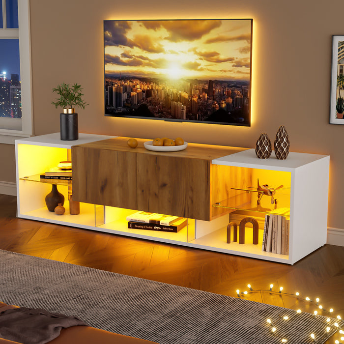 Lucas meuble TV moderne pour televiseurs jusqu’a 70 pouces – meuble avec tiroirs de rangement et eclairage LED, blanc