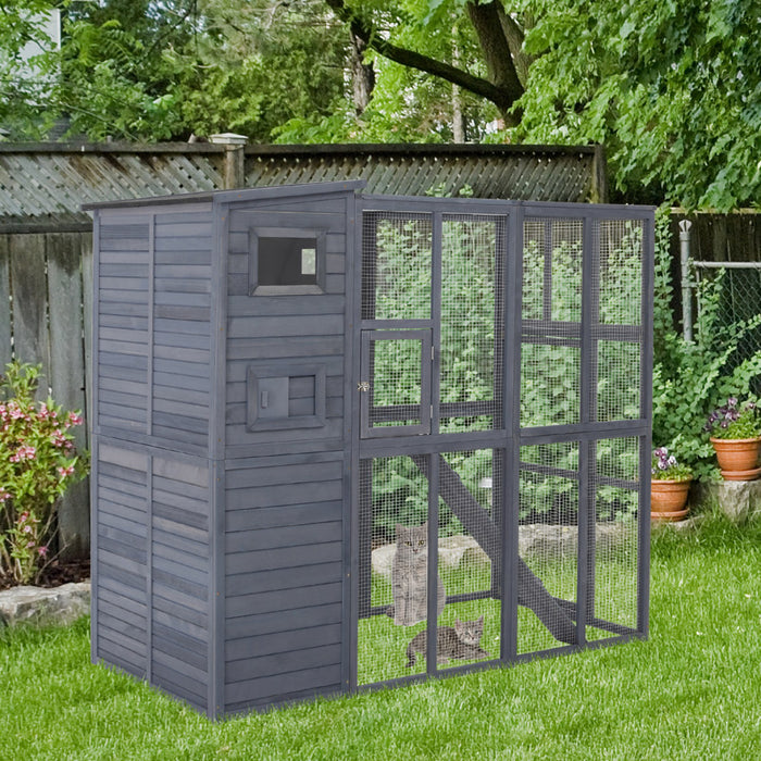 Pawhut Niche D'exterieur Pour Chat, Abri En Bois Pour Chat Sauvage Catio, Cage Pour Chat Avec Plates-formes, Toit En Asphalte De Protection Contre Les Intemperies, Rampes, 77\" L