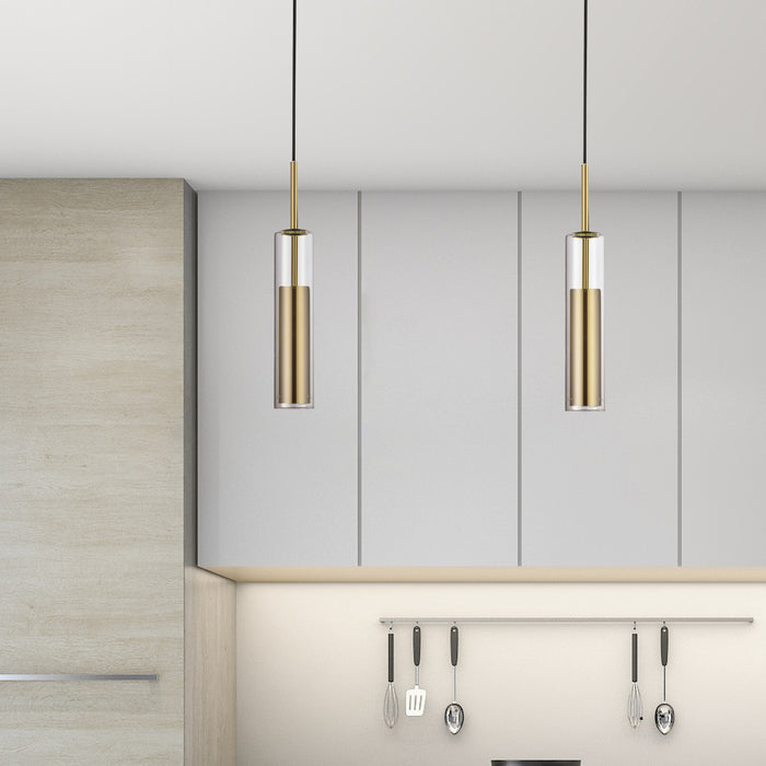 Luminaire suspendu Luna de Dainolite en verre transparent, avec fini laiton vieilli et ampoule à DEL de 6 W