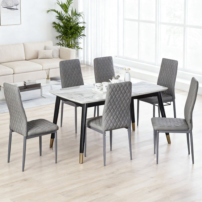 Ensemble de chaises de salle a manger modernes Ava avec motif de grille en diamant (lot de 6), cuir ignifuge et cadre en metal, gris