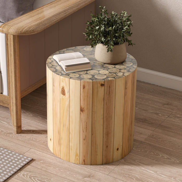 Liam Table d'Appoint Ronde en Bois Massif, Brun Beige