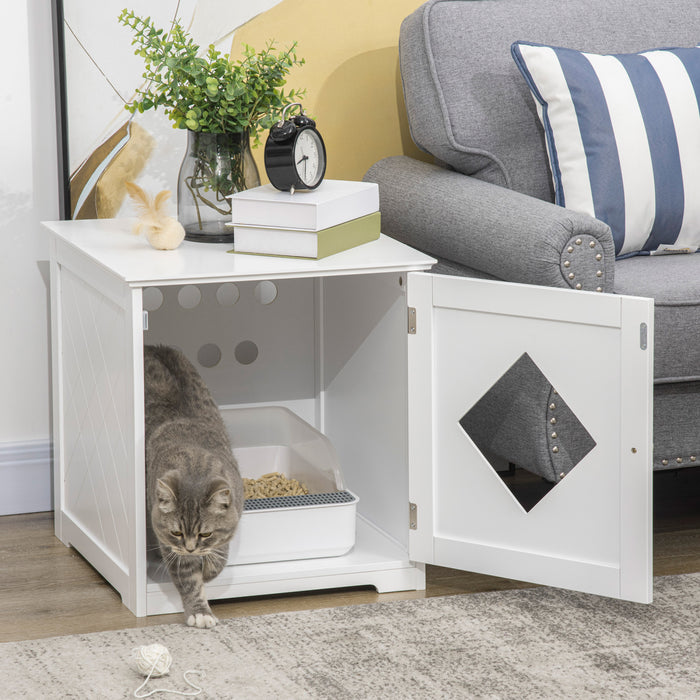 Pawhut Table D'extremite Pour Bac A Litiere, Toilettes Interieures Pour Chats Avec Porte Magnetique, Table De Nuit Pour Bac A Litiere Cache Avec Grand Plateau, Montage Facile, Blanc