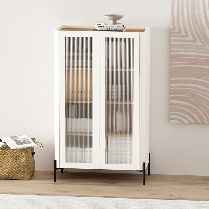 Armoire bibliotheque moderne Abbey 32\" en verre trempe, erable et blanc casse (4 etageres)