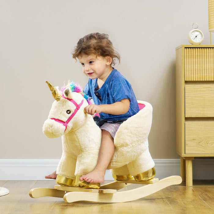 Qaba Cheval A Bascule, Cheval A Bascule Pour Enfants, Licorne Avec Son, Ceinture De Securite, Base En Bois, Animaux En Peluche Pour Enfants De 18 A 36 Mois, Blanc Creme