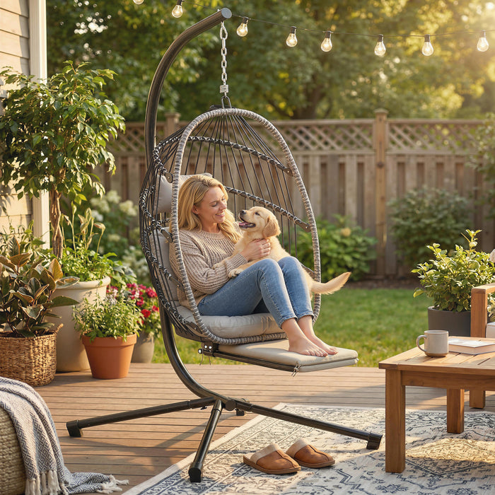 Fauteuil œuf suspendu Outsunny avec repose-pieds retractable, gris clair