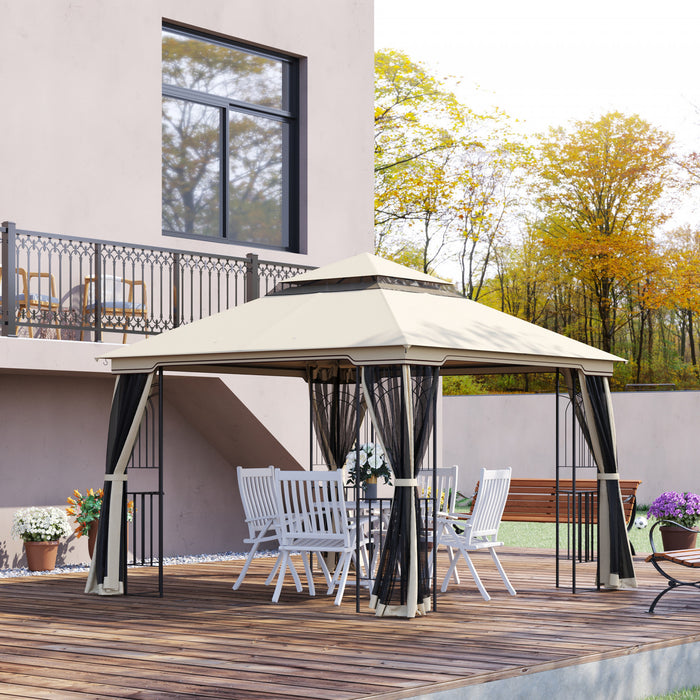 Outsunny 10' X 10' Tonnelle Pavillon Jardin Patio Terrasse Gazebo Exterieur Double Toit Avec Parois Laterales En Maille Amovibles, Etageres, Crochets Superieurs, Beige