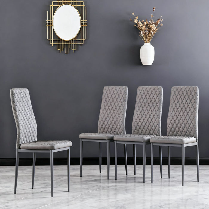 Ensemble de chaises de salle a manger modernes Ava avec motif de grille en diamant (lot de 4), cuir ignifuge et cadre en metal, gris