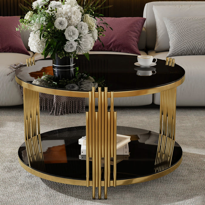 Table Basse Ronde Nancy De 31,5\" Avec Plateau Miroir Et Etagere Inferieure, Noire