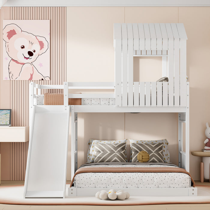 Lit Superpose Marico En Bois Massif, Taille Simple En Haut Et Double En Bas, Avec Toboggan, Design Maison De Jeu, Blanc