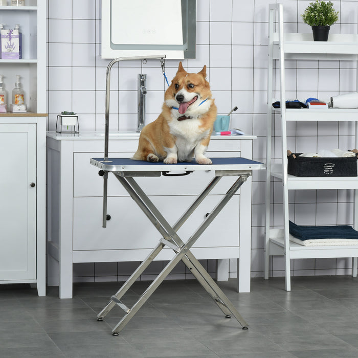 Pawhut Table De Toilettage Pliable Pour Chien De 28\" Avec Bras Reglable, Surface Antiderapante, Table De Toilettage Pour Chiens De Taille Moyenne Et Petite, Chats, Bleu