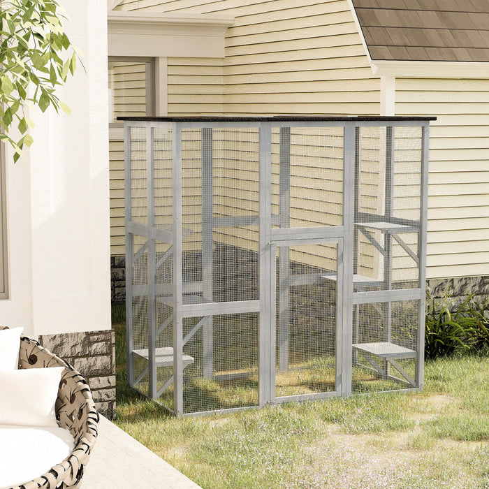 Pawhut Grand Enclos Exterieur Pour Chat, Terrasse En Bois Pour Chat Avec 6 Plates-formes Equilibrees Et Toit En Asphalte, 180 X 99 X 180 Cm, Gris