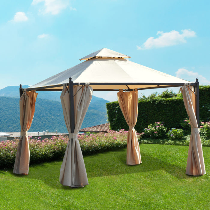 Outsunny 10x10pi Gazebo Canopee Abri De Jardin A Double Pneu Avec Rideaux Beige