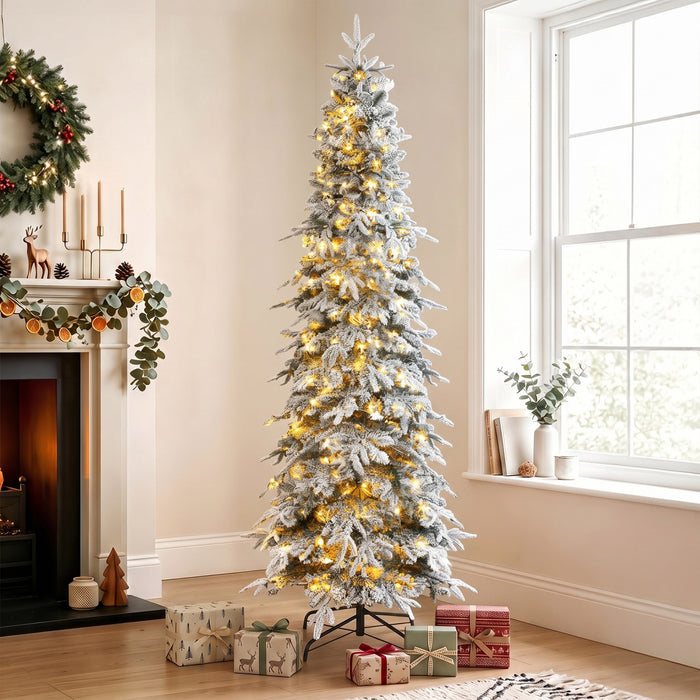 HOMCOM Sapin de Noel enneige pre-eclaire 180 cm, retombant a charnieres