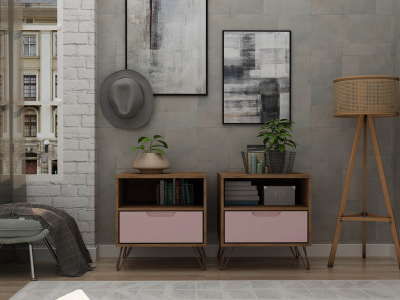 Table de nuit Rockefeller Mid-Century Modern 20\" en rose (1 tiroir) - Lot de 2