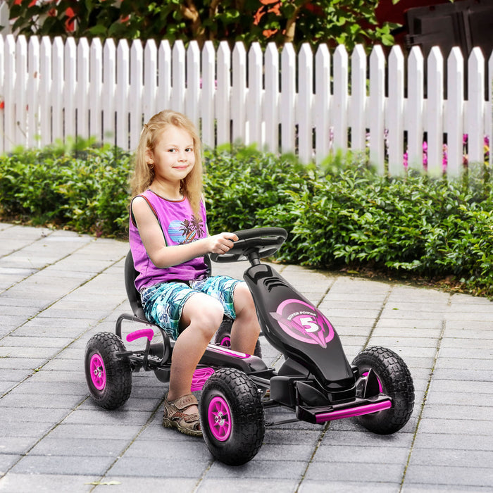 Aosom Kart A Pedales Pour Enfants, Jouets A Monter Avec Siege Ergonomique Reglable, Roues En Caoutchouc Absorbant Les Chocs, Frein A Main De Securite, Ages De 5 A 12 Ans, Rose