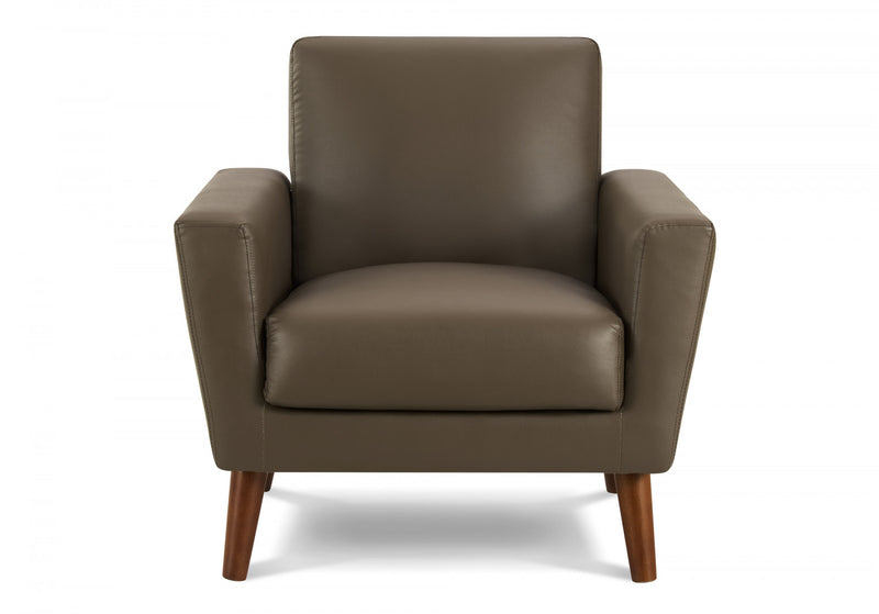 Chaise D'Appoint Rembourre, 34\"L, Aspect Cuir Marron, Pieds En Bois De Noyer, Mid-Century