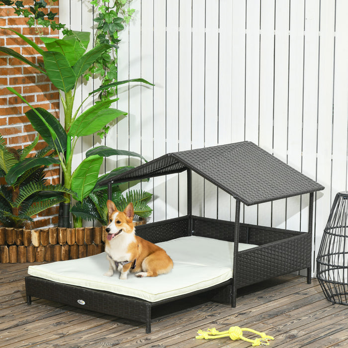 Pawhut Niche Pour Chien En Rotin Extensible Pour Exterieur Et Interieur Avec Toit, Lit Sureleve En Osier Avec Coussin Doux Et Housse Lavable, Pour Chiens De Petite Et Moyenne Taille, Blanc Creme