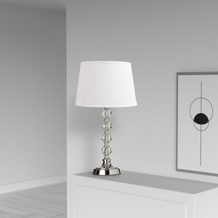 Petite lampe de table Crystal de Dainolite en forme de boule de cristal, avec abat-jour blanc, fini chromé poli et 1 ampoule