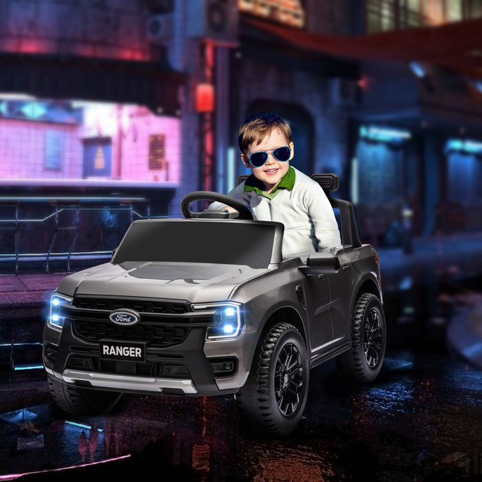 Qaba Ford Ranger 12v Avec Rangement Arriere, Voiture Electrique A Batterie Pour Enfants Avec Telecommande, Suspension A Ressort, Phares, Klaxon, Gris