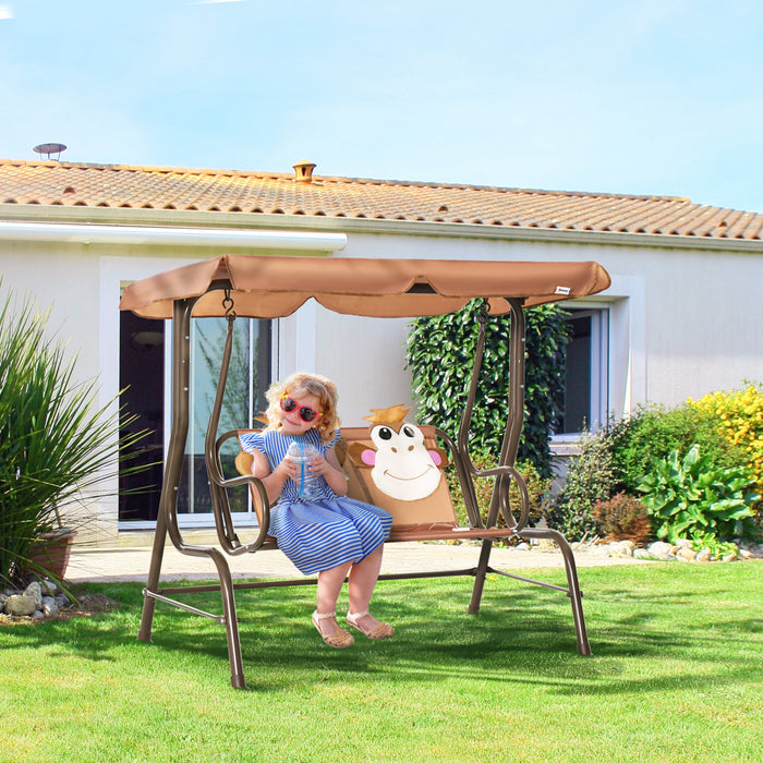 Outsunny Balancoire 2 Places Pour Enfants, Chaise Longue De Terrasse Pour Enfants, Pour Porche De Jardin, Avec Auvent Reglable, Ceinture De Securite, Motif Singe, Pour 3-6 Ans, Cafe