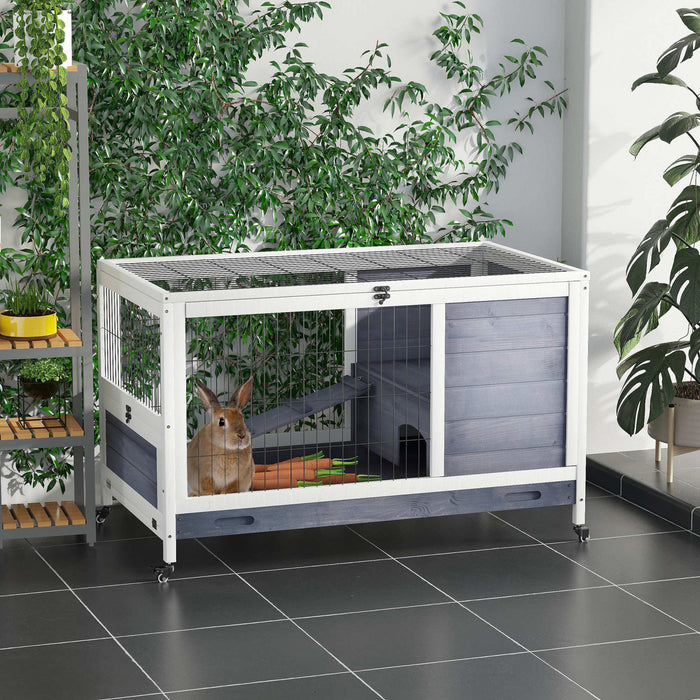 Pawhut Clapier D'interieur En Bois Pour Lapin Avec Cage Surelevee Avec Enclos Ferme Avec Roues, Ideal Pour Lapins Et Cochons D'inde, Blanc