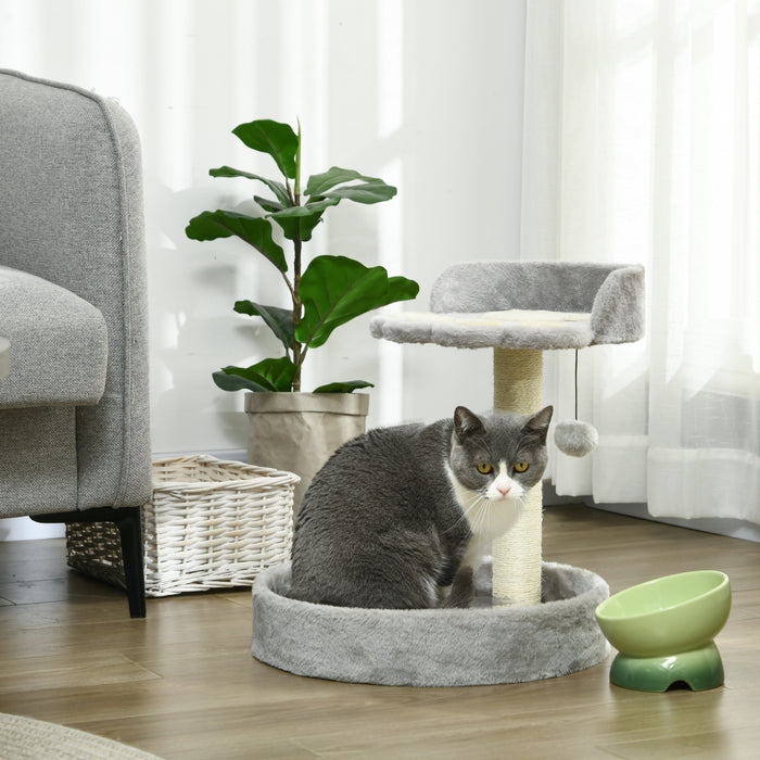 Arbre A Chat Pawhut 43 Cm, Petite Tour A Chat Avec Griffoir En Sisal, Lit, Balle Suspendue, Centre D'activites Pour Chatons, Gris Pale
