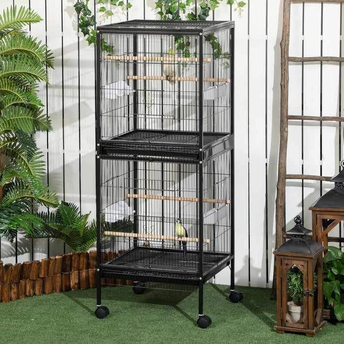 Pawhut 55.1\" 2 En 1 Cage A Oiseaux Voliere Perruche Maison Pour Pinsons, Perruches Avec Roues, Plateaux Coulissants, Perchoir En Bois, Recipients Alimentaires, Noir