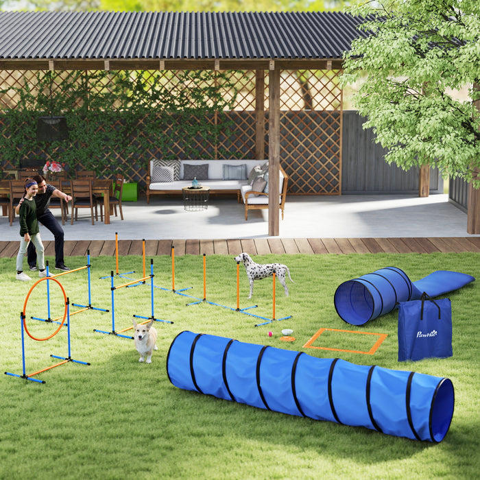 PawHut Ensemble d'Equipement d'Agilite pour Chiens 11 Pieces avec 2 Tunnels, Sauts et Anneau Reglables, Piquets de Slalom, Parcours d'Obstacles avec Sac de Transport