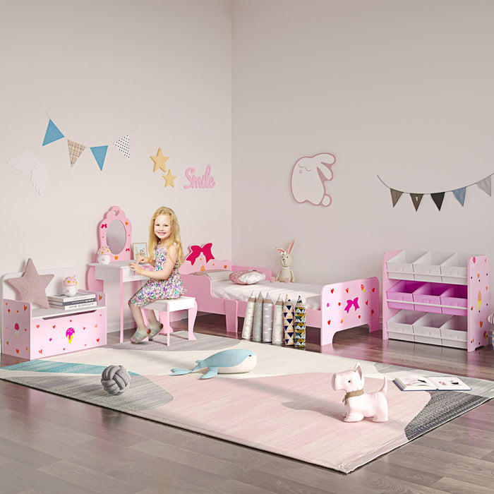 Qaba Coiffeuse Et Chaise Ensemble, Coiffeuse Pour Filles, Bureau De Maquillage Avec Tiroir, Motifs Coeur D'amour Et Noeud Pour Enfants De 3 A 6 Ans, Rose