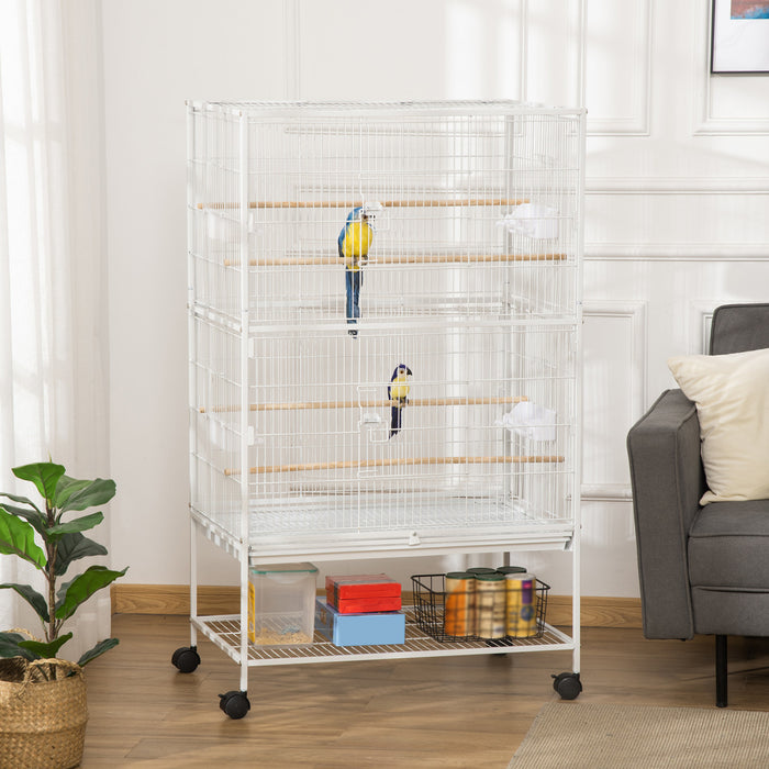 Pawhut 52\" Grande Cage A Oiseaux Roulante En Acier Avec Support Roulant, Etagere De Rangement, Perchoir En Bois, Recipient Alimentaire, Blanc