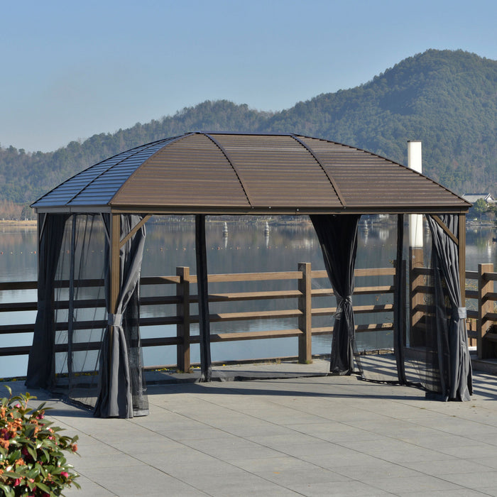 Outsunny 10' X 13' Cadre En Aluminium Patio Gazebo D'exterieur A Toit Rigide Pavillon A Toit Rigide Avec Filets En Maille, Rideaux D'intimite Et Crochet De Suspension Superieur Gris