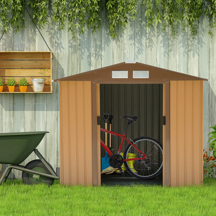 Outsunny 7' X 4' X 6' Abri De Jardin Hangar De Rangement Patio Exterieur Metal Rangement Outil Maison Avec Cadre De Fondation Au Sol En Acier Et Double Portes, Jaune