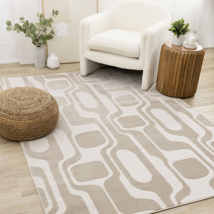 Carpette Leopold beige et crème de style moderne du milieu du 20e siècle - 2 pi 7 po x 4 pi 11 po