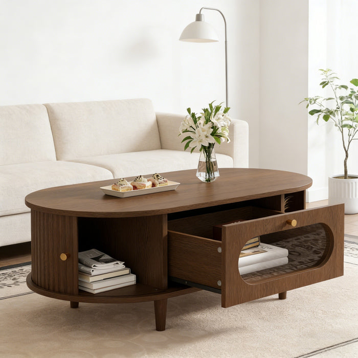 Grain Table Basse Noyer 39.3 po avec Porte Enroulable et Tiroir Acrylique, Noyer