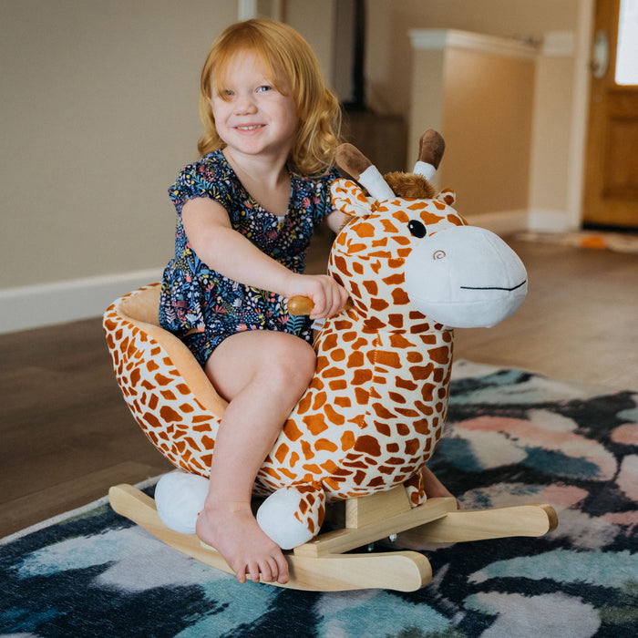 Qaba Chaise De Cheval A Bascule En Bois Pour Enfants En Peluche Pour Tout-petits Avec Ceinture Sonore Et De Securite, Theme Girafe