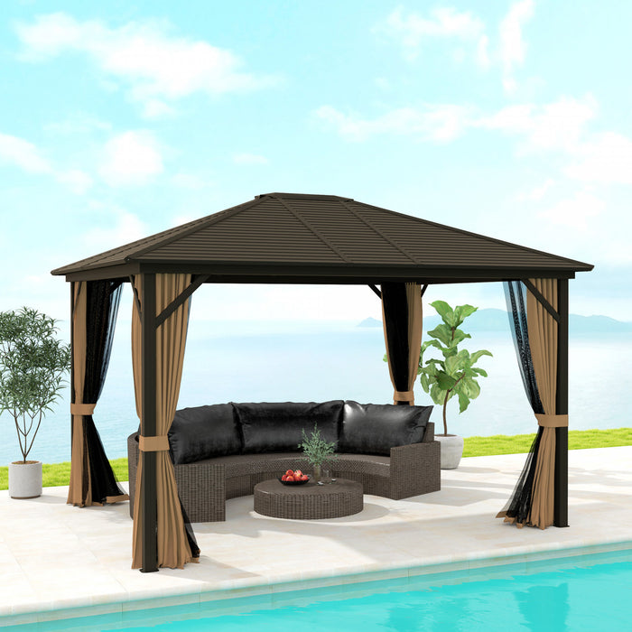 Outsunny Abri De Jardin De Luxe A Toit Rigide De 10 Pi X 12 Pi Avec Rideaux Et Filet, Cafe