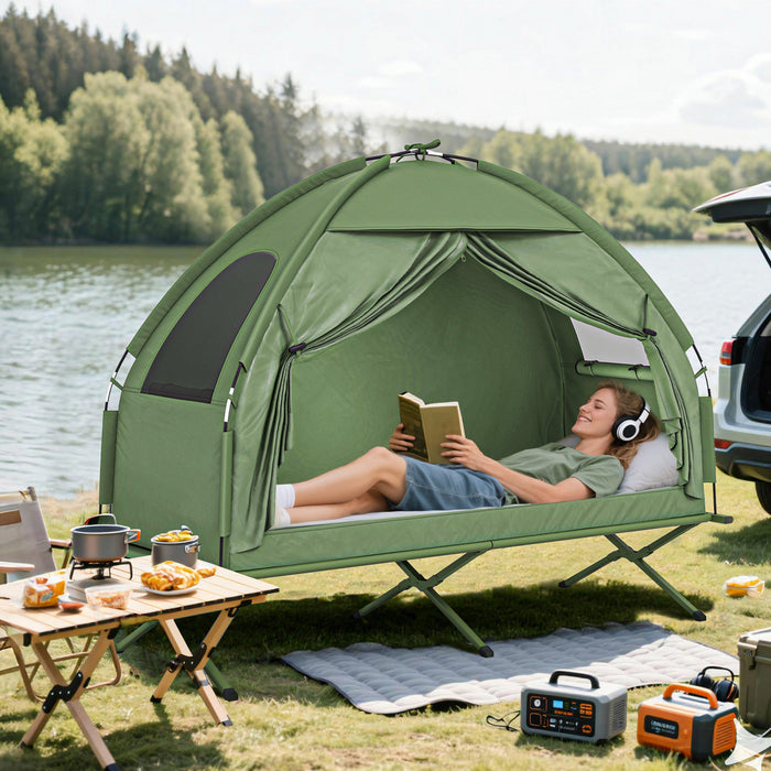 Tente-lit de camping Outsunny, ensemble pliable et portable pour l'exterieur avec surelevation, vert