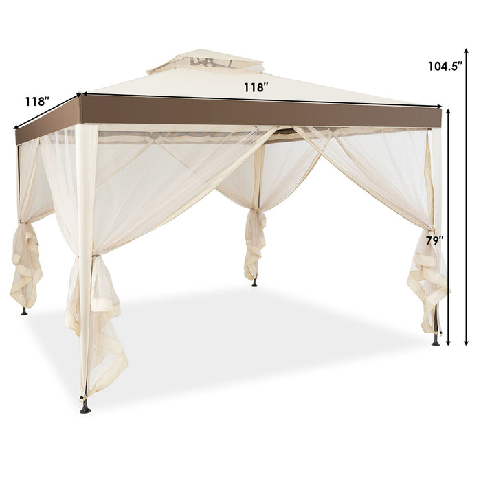 Tonnelle Pavillon De Jardin En Fer Et Polyester, Tente De Reception Avec Moustiquaire Et Toiles Laterales Amovibles Et Impermeables, Tente De Jardin A 4 Cotes 300 X 300 X 200/265 Cm, Beige&brun