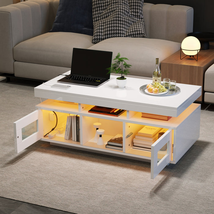 Lumina Table Basse Haute Brillance 39.3 po avec Lumieres LED, Port USB et Portes Transparentes, Blanc