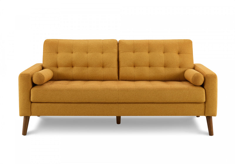 Sofa Rembourre, 75\"L, Coussins Decoratifs, Pieds En Bois Massif, Tissu Orange, Mid-Century