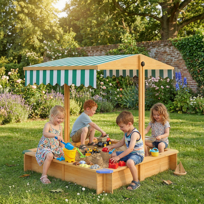 Outsunny Bac a Sable en Bois avec Couverture, Toit Ajustable, Marron Clair
