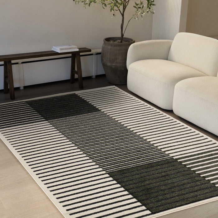 Tapis Maverick vert, noir et blanc a rayures modernes, 7'10\" x 10'6\"