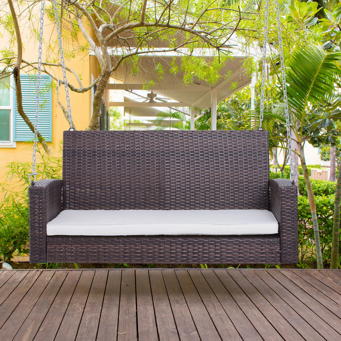 Outsunny 2 Personnes Exterieur En Osier Porche Balancoire Jardin Banc Suspendu Avec Coussin Cour Double Hamac Siege De Salon De Soleil Blanc