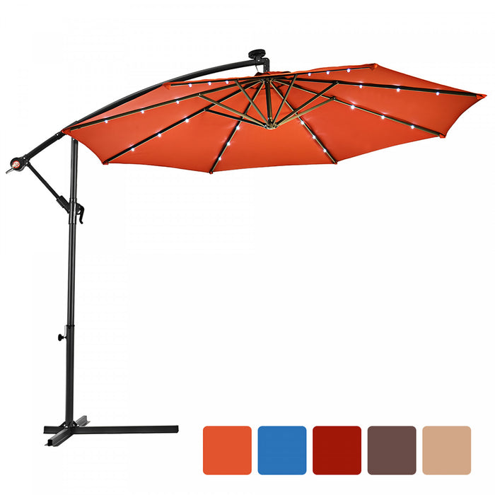 Costway Parasol suspendu solaire LED 10' pour patio, ombre solaire decalee avec base Marche Orange