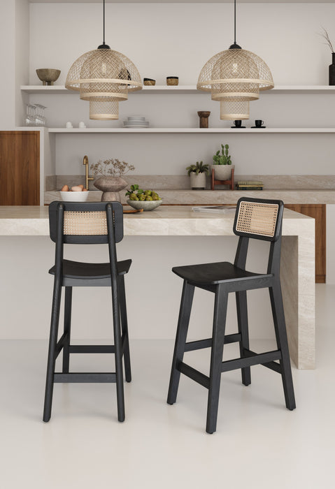 Tabouret de comptoir industriel chic Versailles avec dossier en cannage, bois noir et naturel - Lot de 2