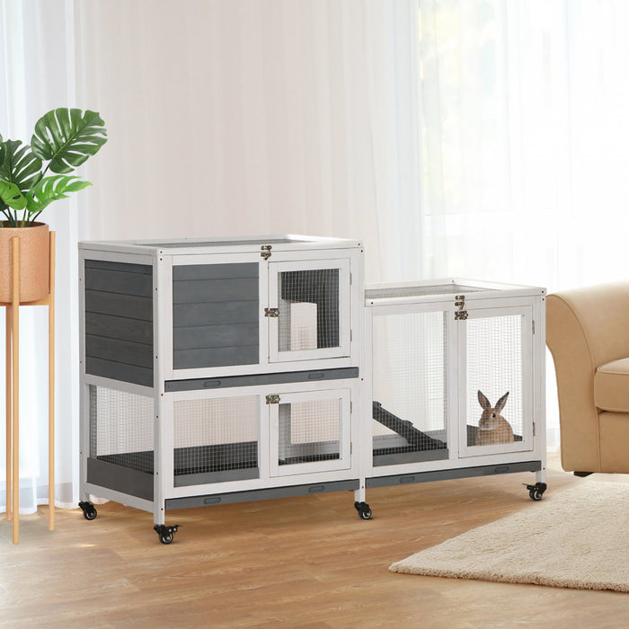 Pawhut Clapier En Bois Pour Lapin Sureleve Cage Pour Petit Animal Avec Plateau Coulissant Porte Verrouillable Ouvrable Pour Interieur 57,75\" X 18\" X 34,75\" Gris