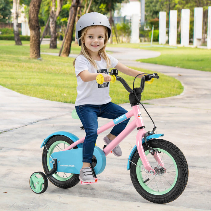 Costway 12\" Velo Pour Enfants Avec Guidon Reglable De Selle Roues D'entrainement Amovibles Frein A Main Rose