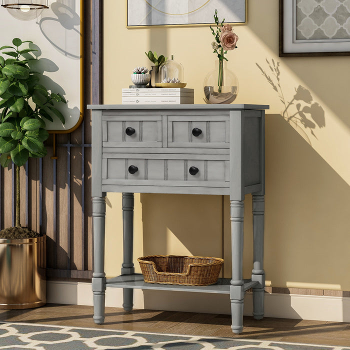 Table Console Olivia En Bois Massif Avec Tiroirs Et Etagere Inferieure - Gris