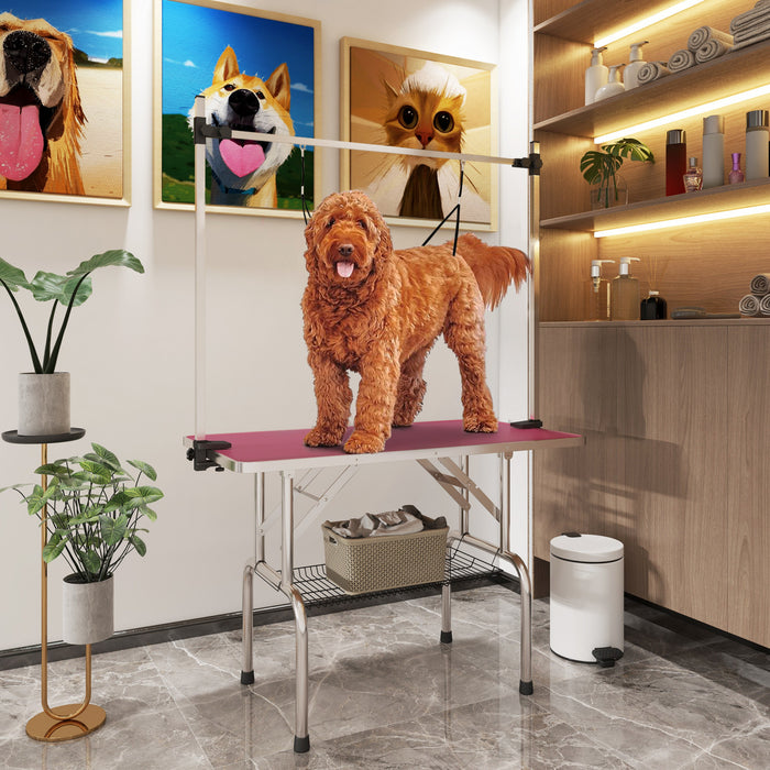 Pawhut Table De Toilettage Reglable Pour Chien, Dessus En Caoutchouc, 2 Sangles De Securite, Panier De Rangement En Maille, Metal Lourd, 42,25\" X 23,5\" X 67\", Rose