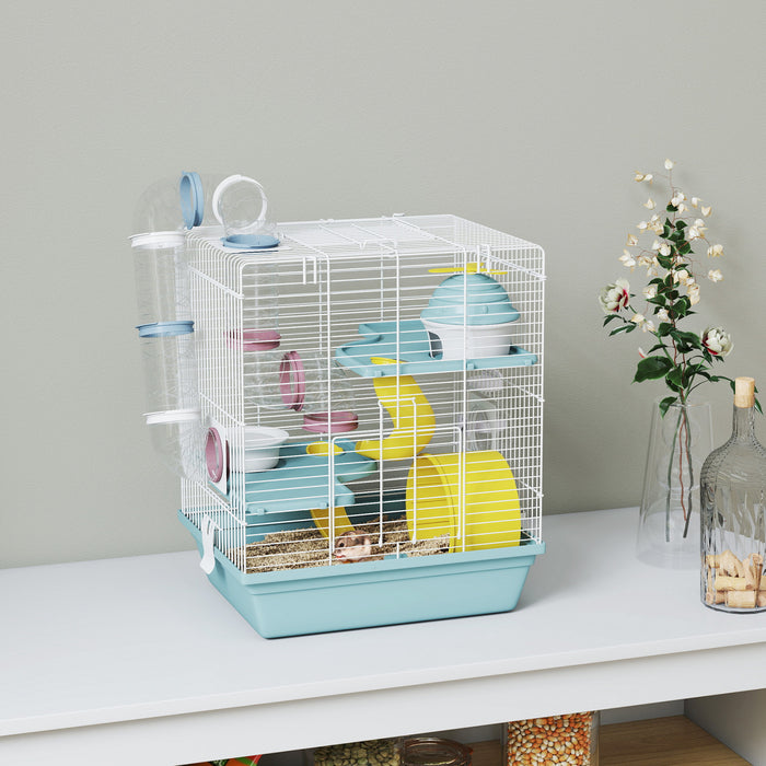 Cage a hamster a 3 niveaux avec roue d'exercice, tube de jeu